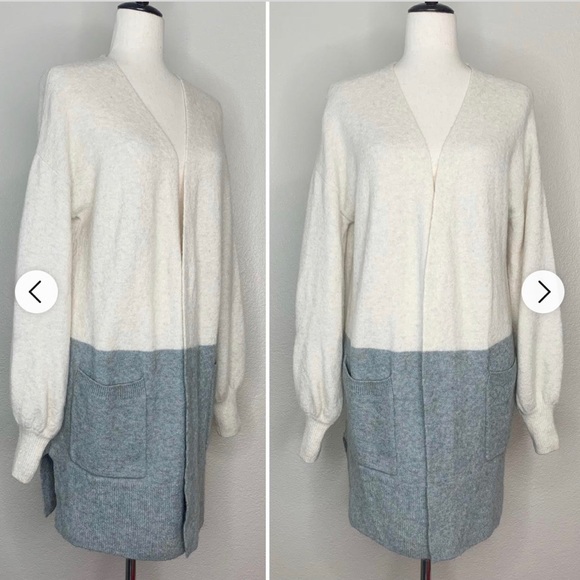 Madewell Wool Alpaca Blend Colorblock Bubble-Sleeves Cardigan Sweater - Picture 4 of 11